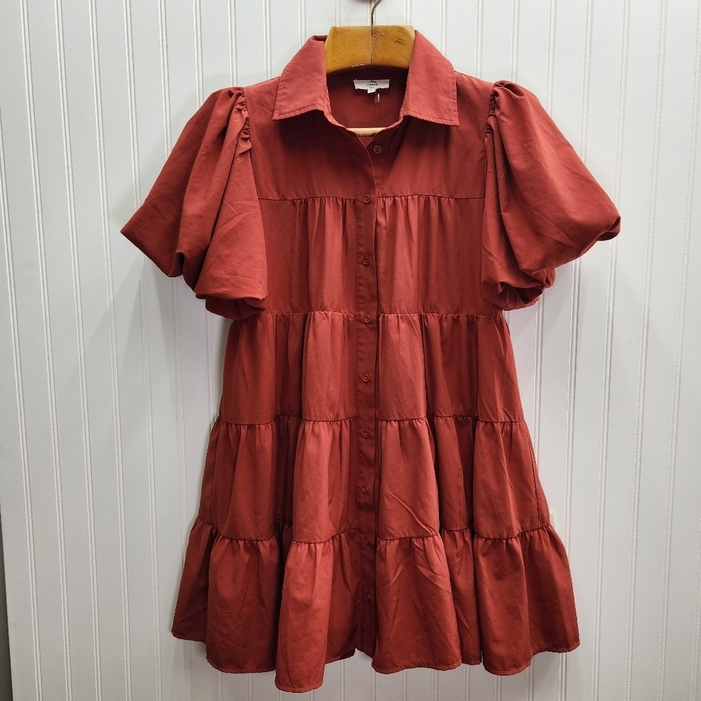 Entro Auburn Cottagecore Boho Puff Sleeve Botton Up Mini Dress Size M. - Picture 3 of 14